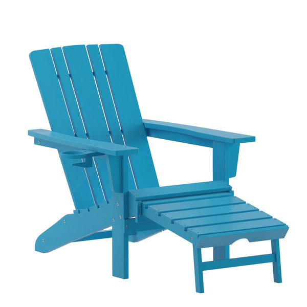 Blue |#| Commercial All-Weather Adirondack Chair with Pullout Ottoman & Cupholder - Blue