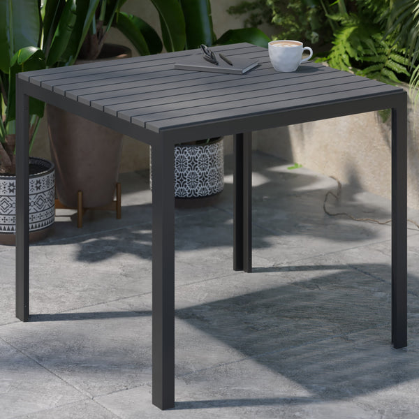 Black Top/Black Frame |#| Indoor/Outdoor Commercial Steel Patio Table with Poly Resin Slatted Top - Black