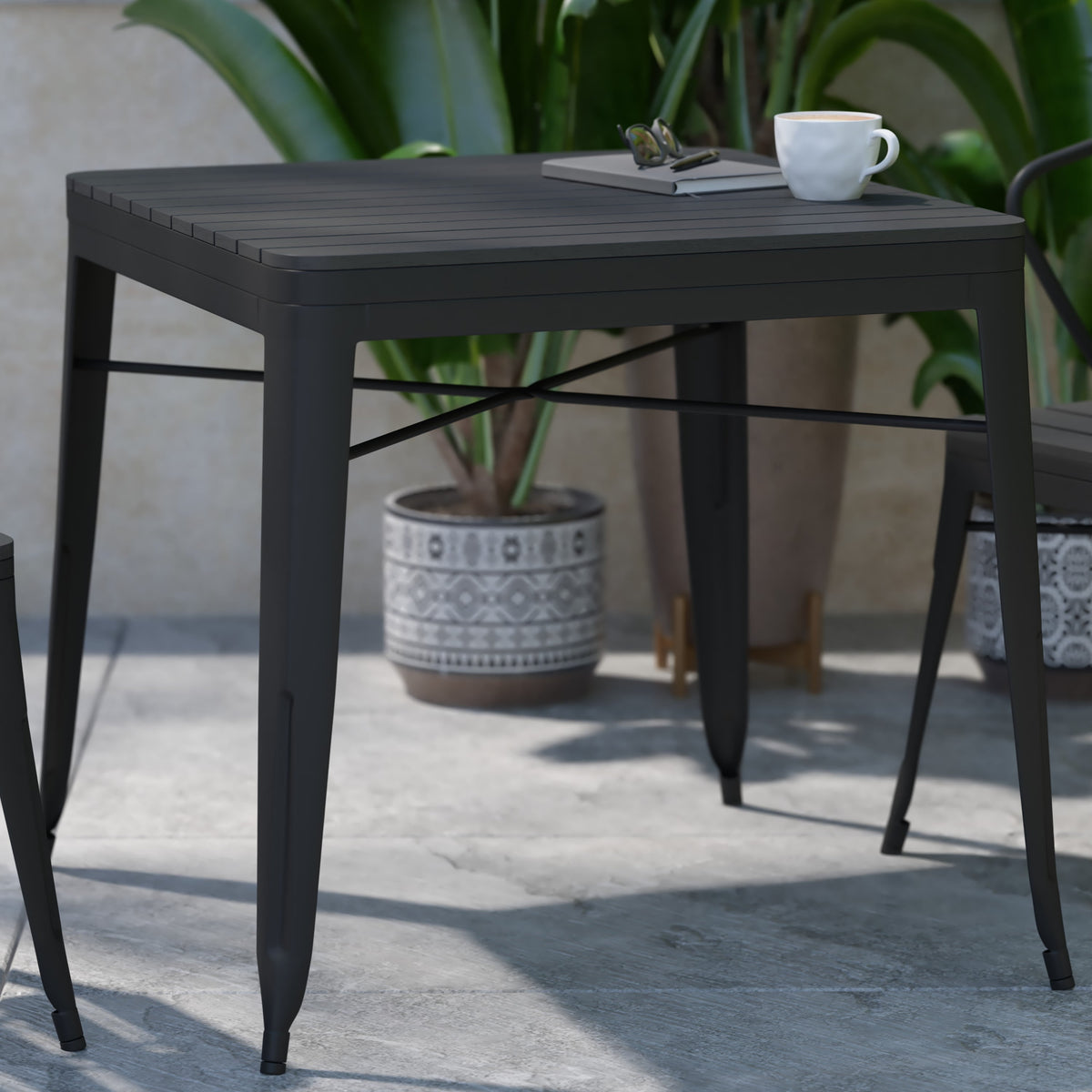 Black Top/Black Frame |#| Indoor/Outdoor Commercial Steel Patio Table with Poly Resin Slatted Top - Black