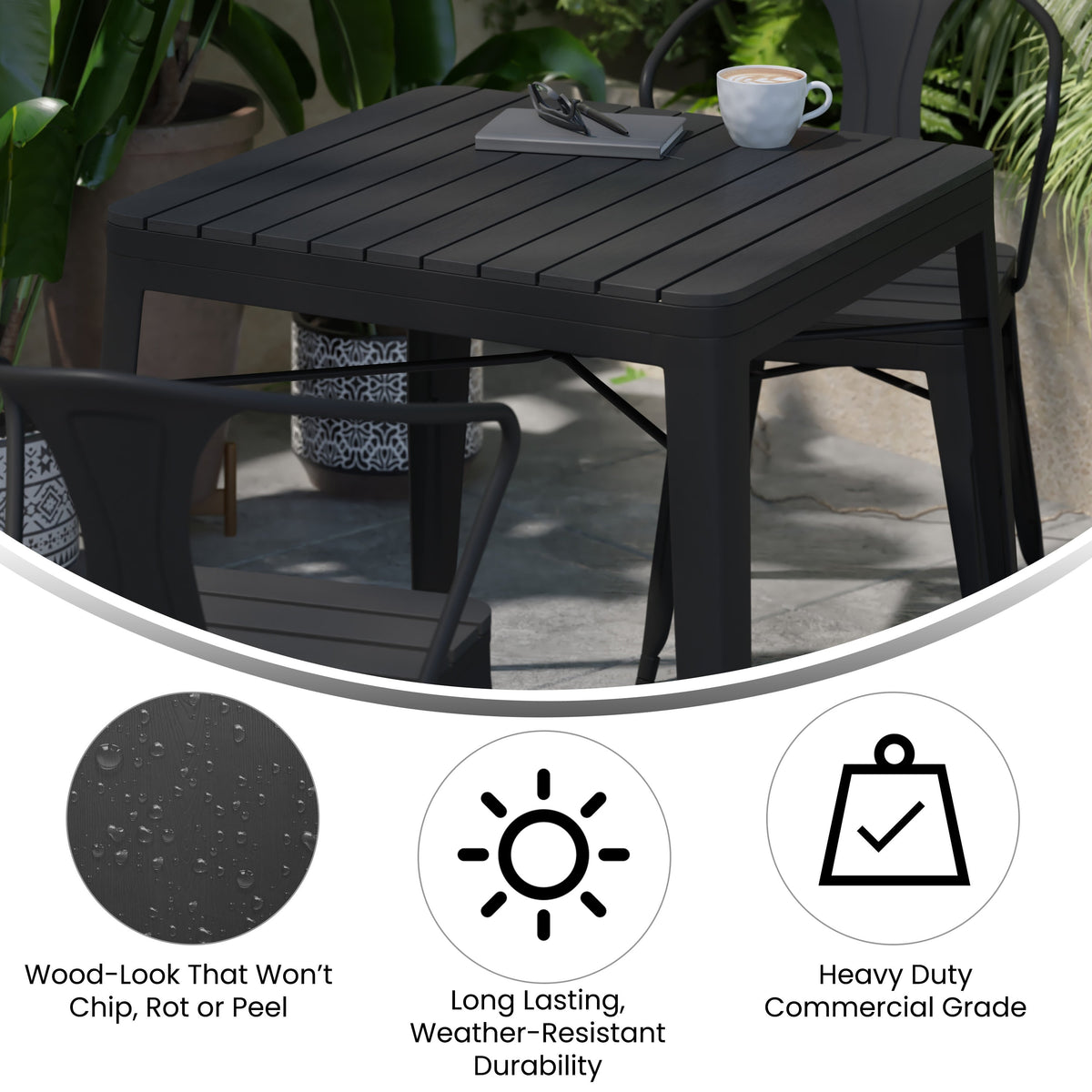 Black Top/Black Frame |#| Indoor/Outdoor Commercial Steel Patio Table with Poly Resin Slatted Top - Black