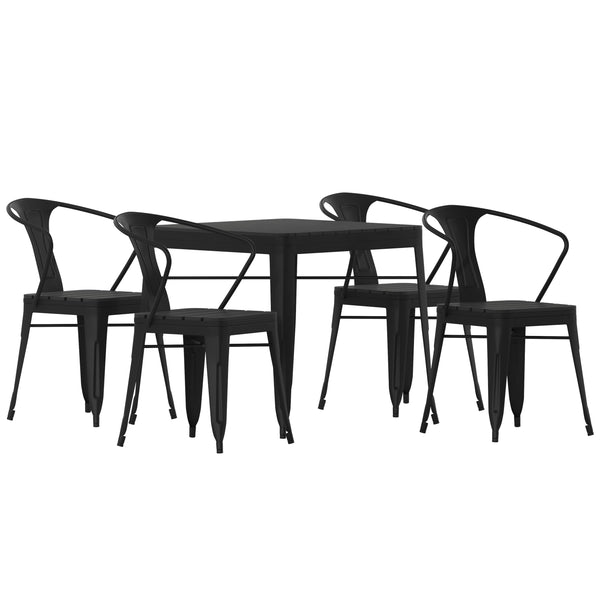 Black |#| All-Weather Resin Top Square Table & 4 Metal Chairs with Poly Resin Seats-Black