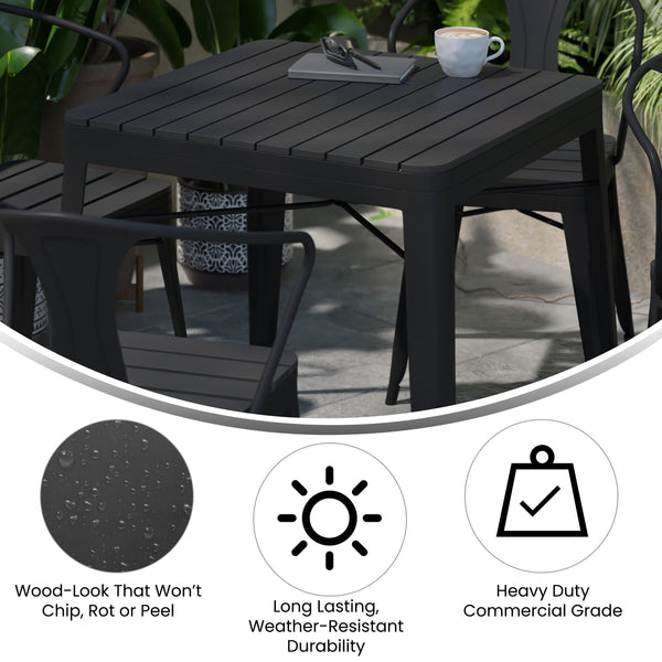 Black |#| All-Weather Resin Top Square Table & 4 Metal Chairs with Poly Resin Seats-Black