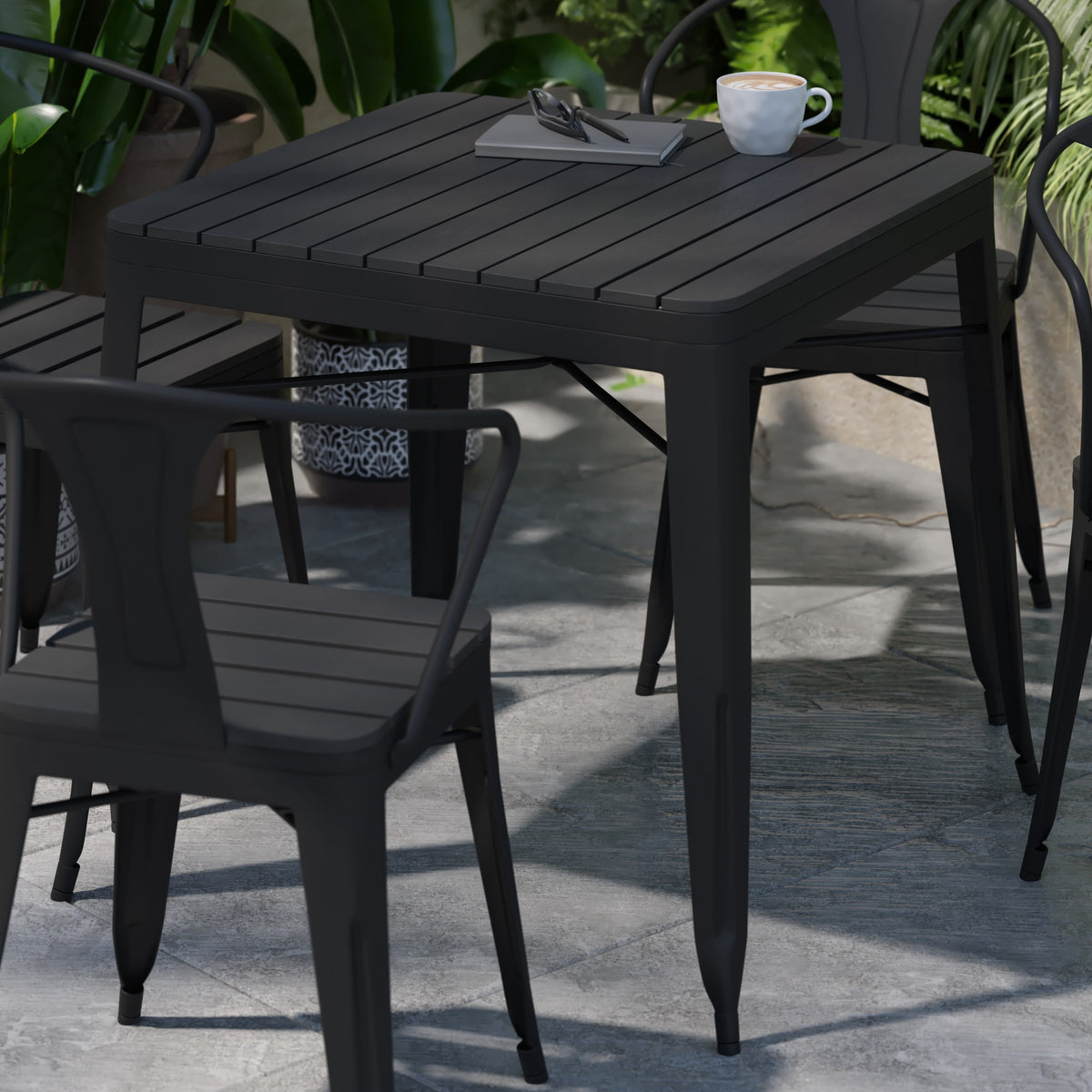 Black |#| All-Weather Resin Top Square Table & 4 Metal Chairs with Poly Resin Seats-Black