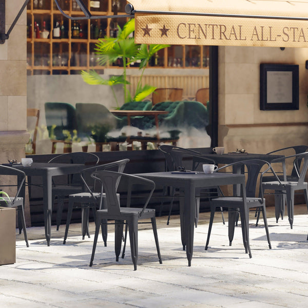 Black |#| All-Weather Resin Top Square Table & 4 Metal Chairs with Poly Resin Seats-Black