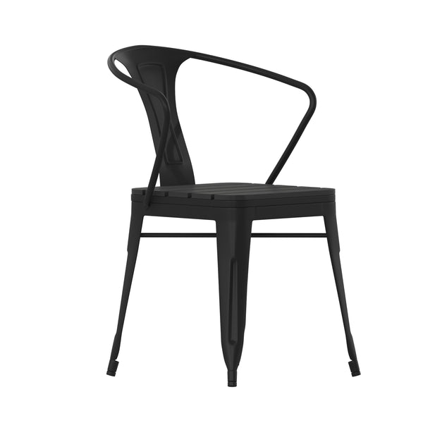 Black |#| All-Weather Black Steel Vertical Slat Back Patio Arm Chair with Poly Resin Seat