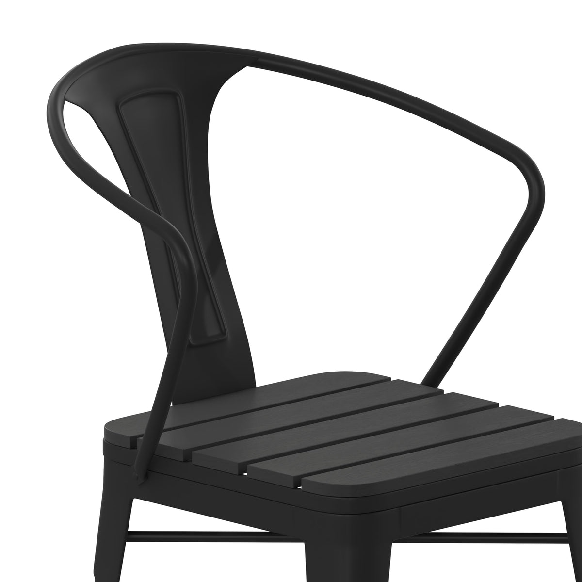 Black |#| All-Weather Black Steel Vertical Slat Back Patio Arm Chair with Poly Resin Seat