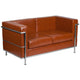 Cognac |#| Contemporary Cognac LeatherSoft Loveseat with Double Bar Encasing Frame