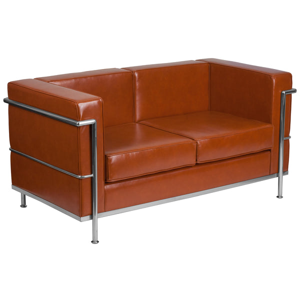 Cognac |#| Contemporary Cognac LeatherSoft Loveseat with Double Bar Encasing Frame