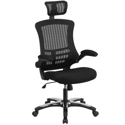 High-Back Black Mesh Swivel Ergonomic Executive Office Chair with Flip-Up Arms and Adjustable Headrest