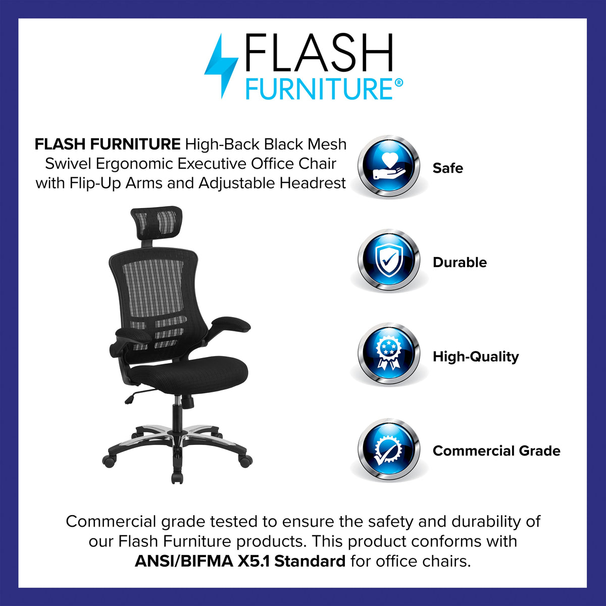 High Back Black Mesh Ergonomic Chair with Chrome Plated Base and Flip-Up Arms