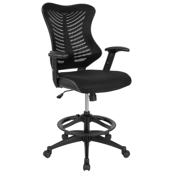 Black High Back Mesh Drafting Chair with LeatherSoft Sides and Adjustable Arms