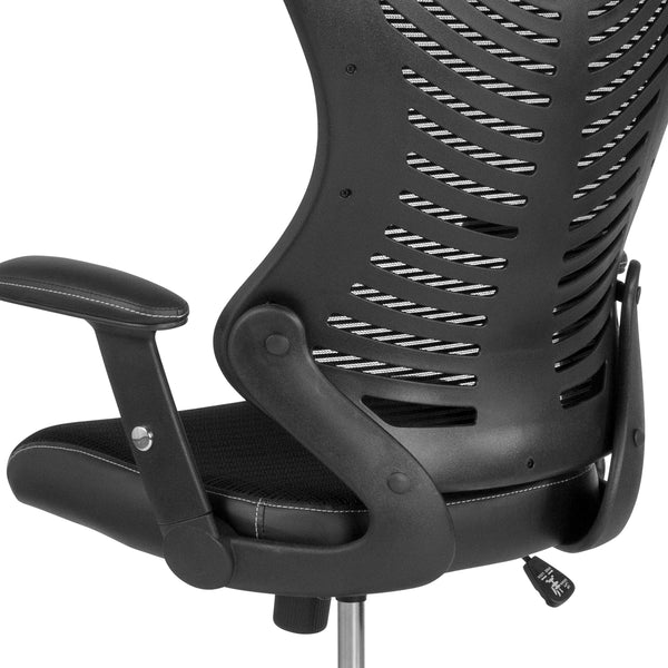 Black High Back Mesh Drafting Chair with LeatherSoft Sides and Adjustable Arms
