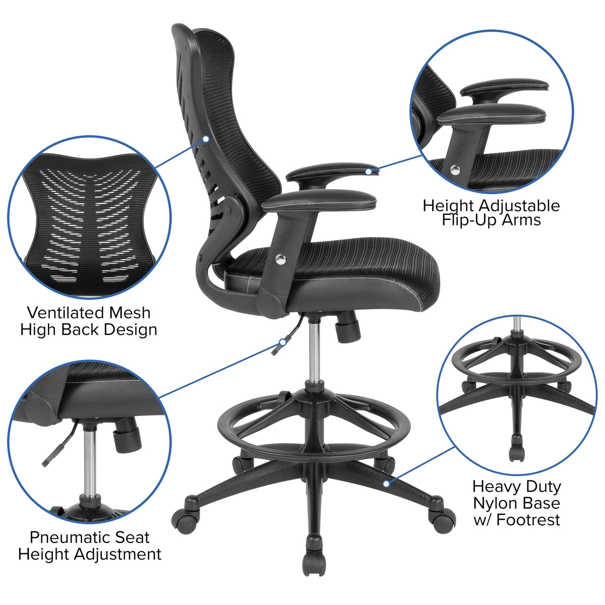 Black High Back Mesh Drafting Chair with LeatherSoft Sides and Adjustable Arms