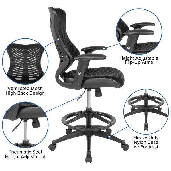 Black High Back Mesh Drafting Chair with LeatherSoft Sides and Adjustable Arms