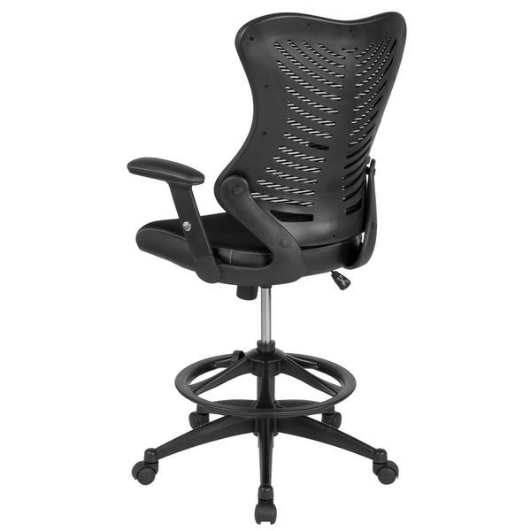 Black High Back Mesh Drafting Chair with LeatherSoft Sides and Adjustable Arms
