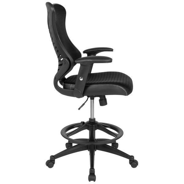 Black High Back Mesh Drafting Chair with LeatherSoft Sides and Adjustable Arms