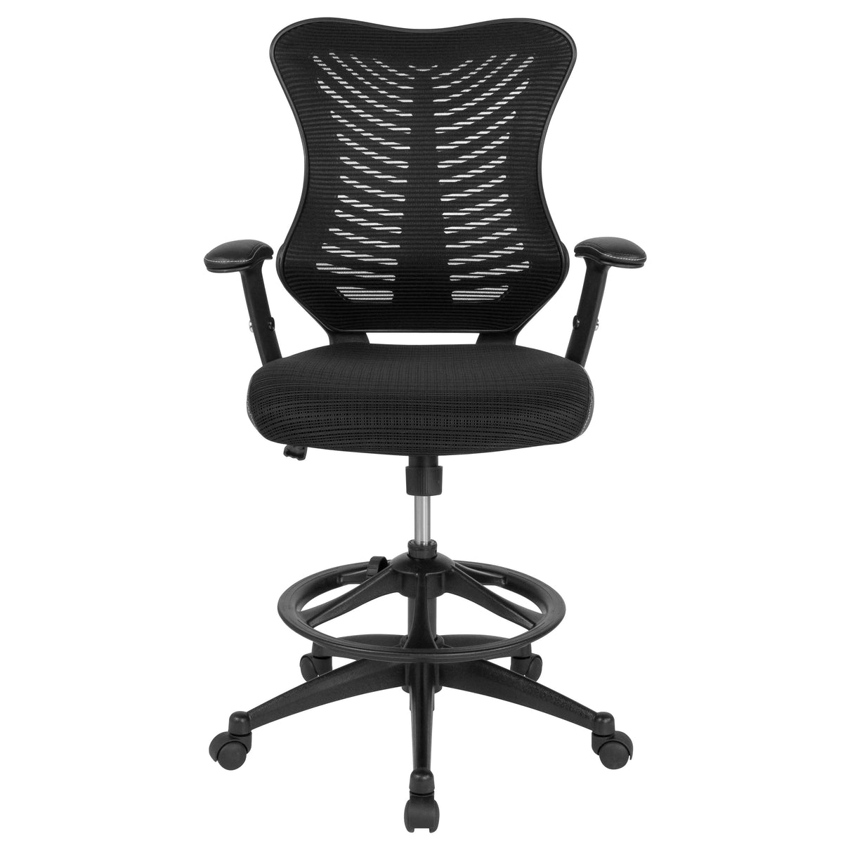 Black High Back Mesh Drafting Chair with LeatherSoft Sides and Adjustable Arms