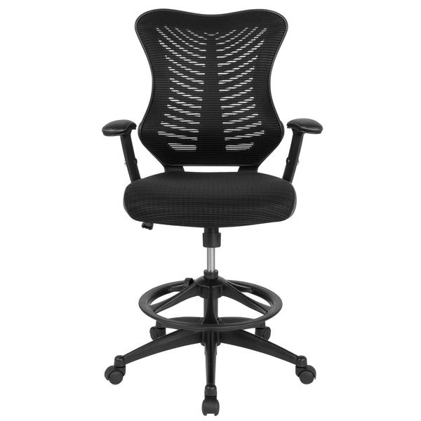Black High Back Mesh Drafting Chair with LeatherSoft Sides and Adjustable Arms