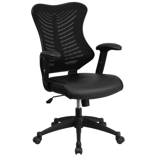 Black Mesh & LeatherSoft |#| High Back Black Mesh Ergonomic Chair with LeatherSoft Seat and Adjustable Arms