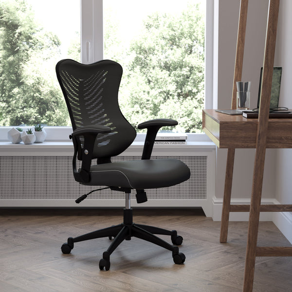 Black Mesh & LeatherSoft |#| High Back Black Mesh Ergonomic Chair with LeatherSoft Seat and Adjustable Arms