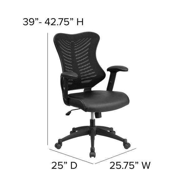 Black Mesh & LeatherSoft |#| High Back Black Mesh Ergonomic Chair with LeatherSoft Seat and Adjustable Arms