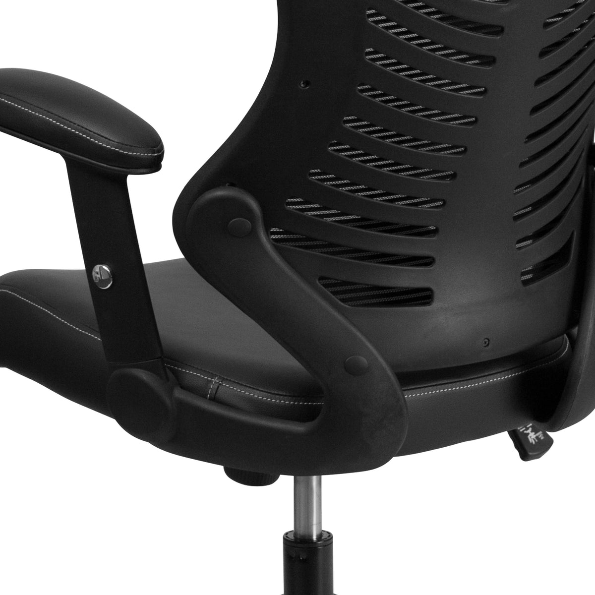 Black Mesh & LeatherSoft |#| High Back Black Mesh Ergonomic Chair with LeatherSoft Seat and Adjustable Arms