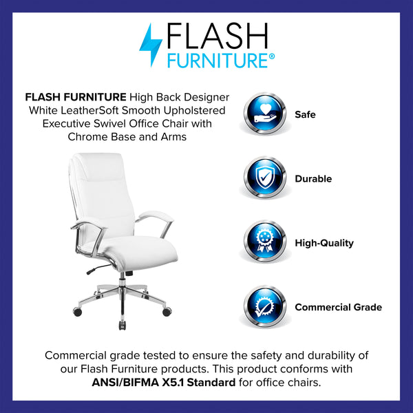 White |#| High Back Designer White LeatherSoft Upholstered Executive Swivel Office Chair
