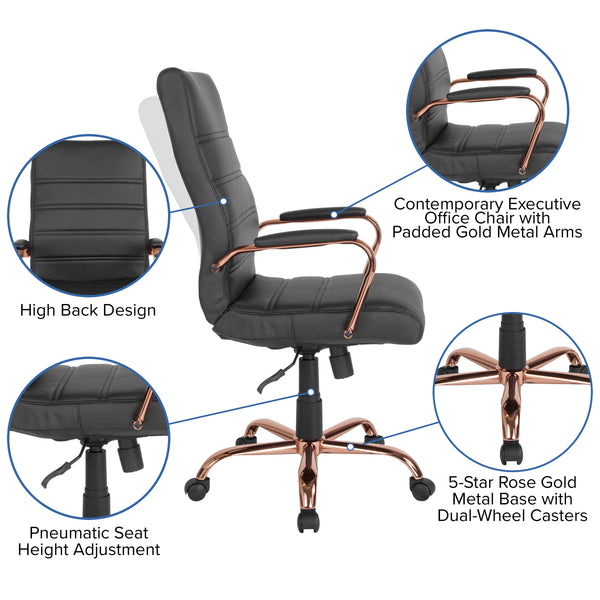 Black LeatherSoft/Rose Gold Frame |#| High Back Black LeatherSoft Executive Swivel Office Chair - Rose Gold Frame/Arms