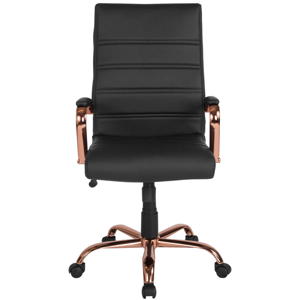 Black LeatherSoft/Rose Gold Frame |#| High Back Black LeatherSoft Executive Swivel Office Chair - Rose Gold Frame/Arms