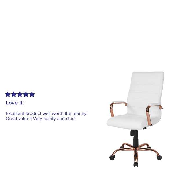 White LeatherSoft/Rose Gold Frame |#| High Back White LeatherSoft Executive Swivel Office Chair - Rose Gold Frame/Arms