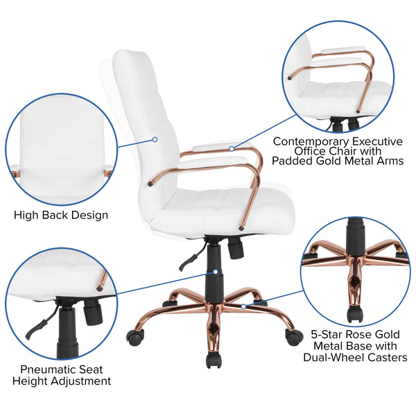 White LeatherSoft/Rose Gold Frame |#| High Back White LeatherSoft Executive Swivel Office Chair - Rose Gold Frame/Arms