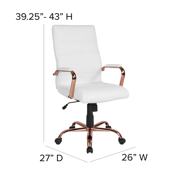 White LeatherSoft/Rose Gold Frame |#| High Back White LeatherSoft Executive Swivel Office Chair - Rose Gold Frame/Arms