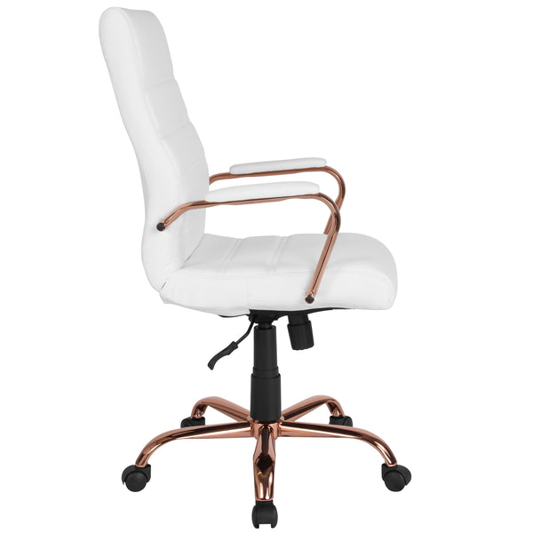 White LeatherSoft/Rose Gold Frame |#| High Back White LeatherSoft Executive Swivel Office Chair - Rose Gold Frame/Arms