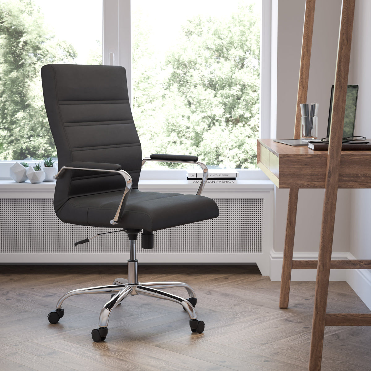 Black LeatherSoft/Chrome Frame |#| High Back Black LeatherSoft Executive Swivel Office Chair with Chrome Frame/Arms