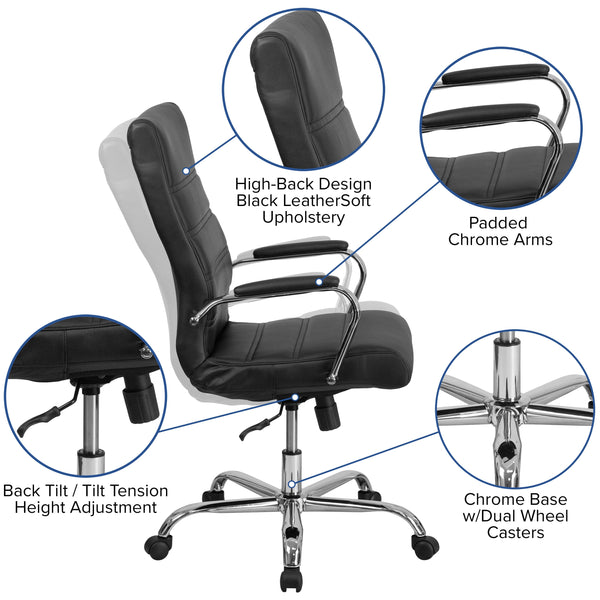 Black LeatherSoft/Chrome Frame |#| High Back Black LeatherSoft Executive Swivel Office Chair with Chrome Frame/Arms