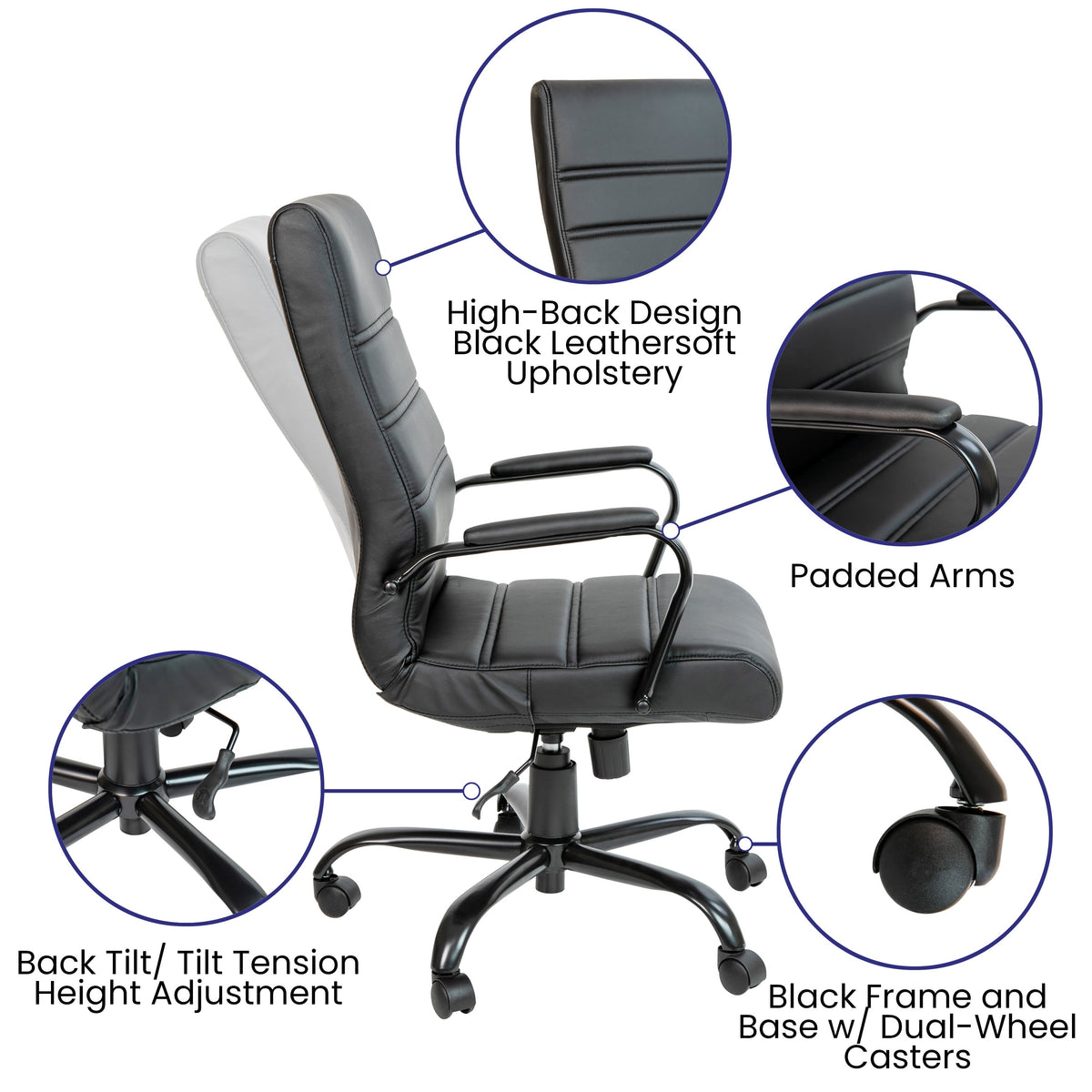 Black LeatherSoft/Black Frame |#| High Back Black LeatherSoft Executive Swivel Office Chair with Black Frame/Arms