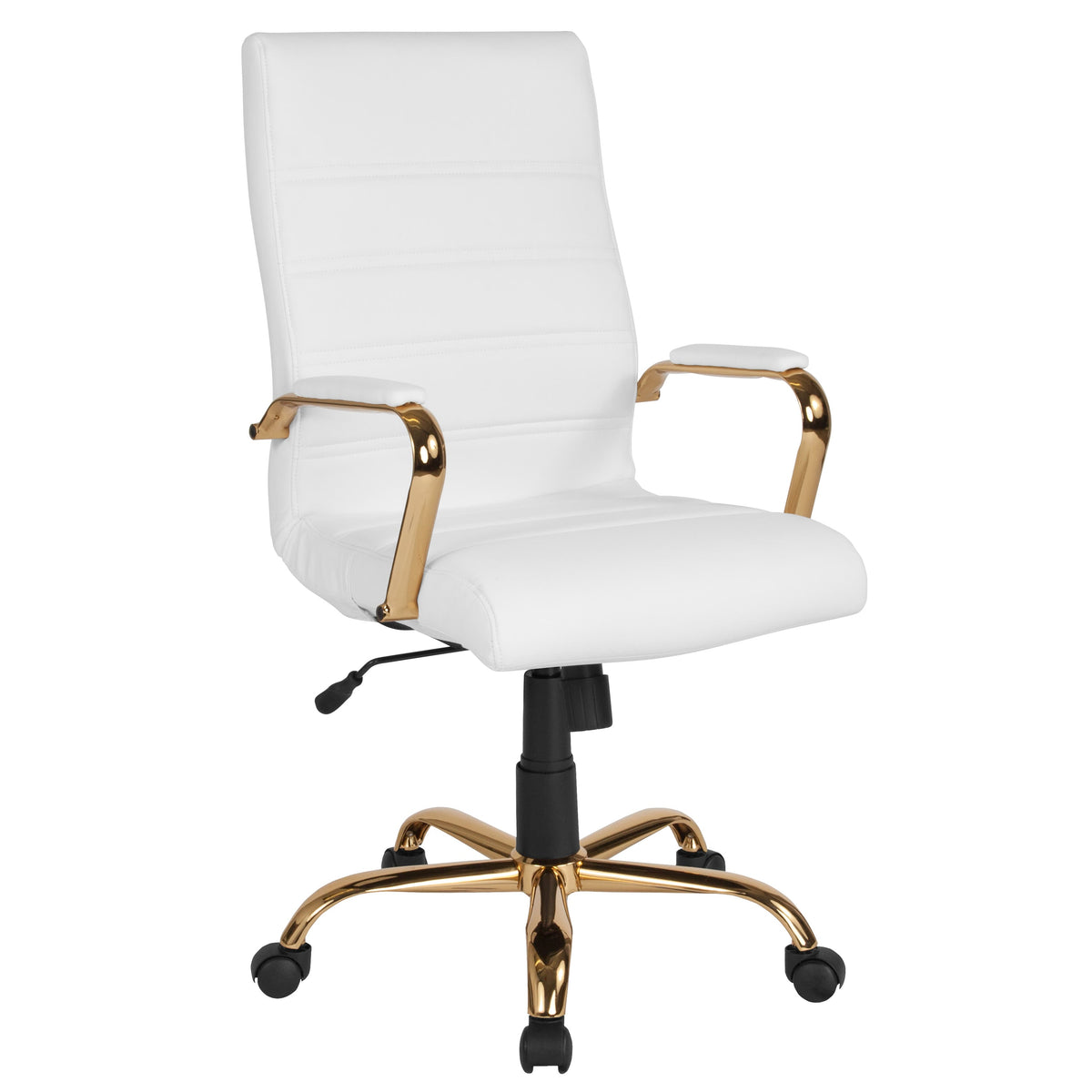 White LeatherSoft/Gold Frame |#| High Back White LeatherSoft Executive Swivel Office Chair with Gold Frame/Arms