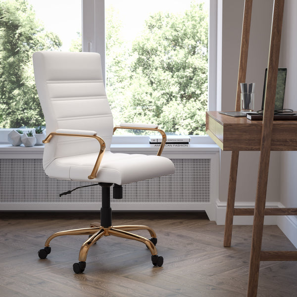 White LeatherSoft/Gold Frame |#| High Back White LeatherSoft Executive Swivel Office Chair with Gold Frame/Arms