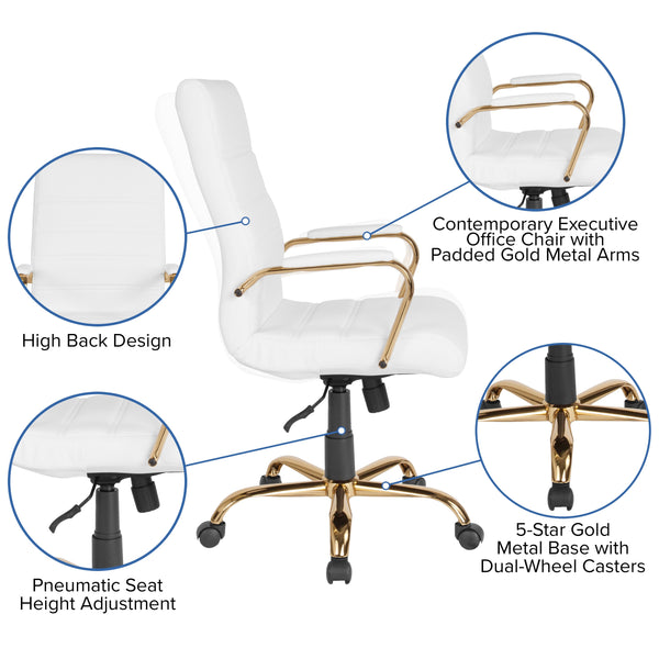 White LeatherSoft/Gold Frame |#| High Back White LeatherSoft Executive Swivel Office Chair with Gold Frame/Arms