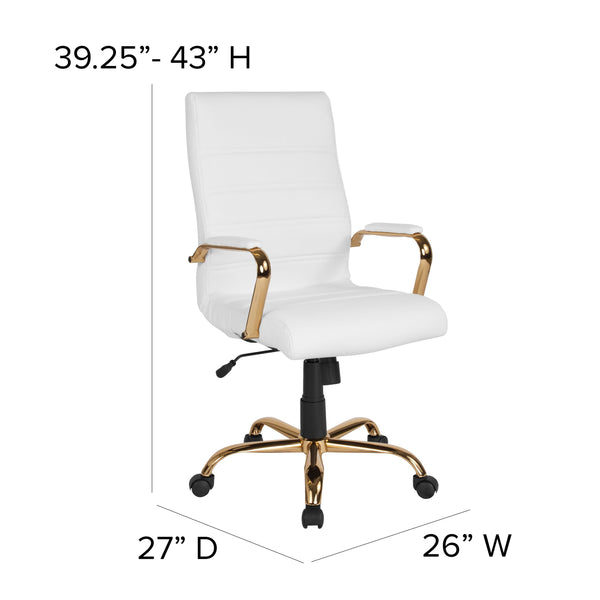 White LeatherSoft/Gold Frame |#| High Back White LeatherSoft Executive Swivel Office Chair with Gold Frame/Arms