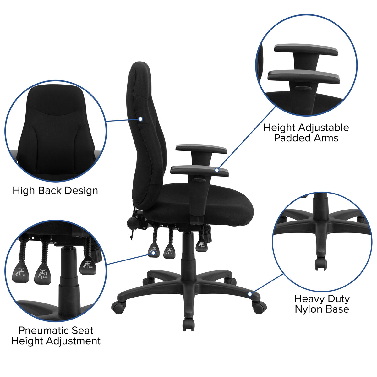 High Back Black Fabric Multifunction Ergonomic Task Chair with Adjustable Arms