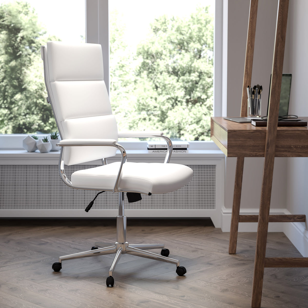 White |#| High Back White LeatherSoft Contemporary Panel Executive Swivel Office Chair