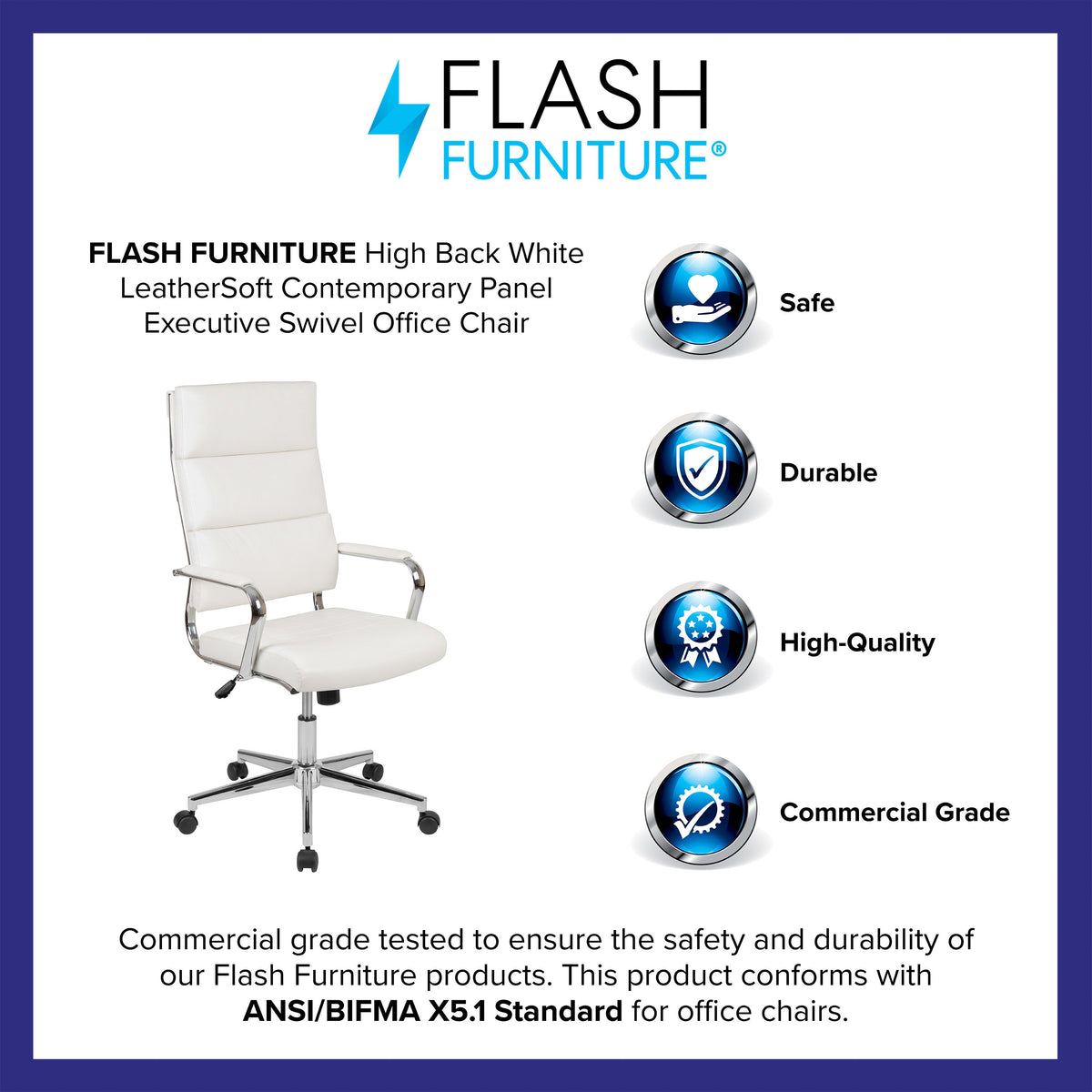 White |#| High Back White LeatherSoft Contemporary Panel Executive Swivel Office Chair