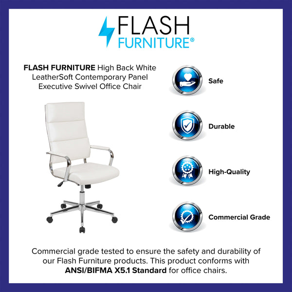 White |#| High Back White LeatherSoft Contemporary Panel Executive Swivel Office Chair