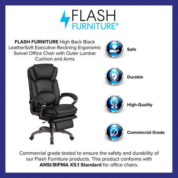 High Back Black LeatherSoft Reclining Ergonomic Chair with Outer Lumbar Cushion