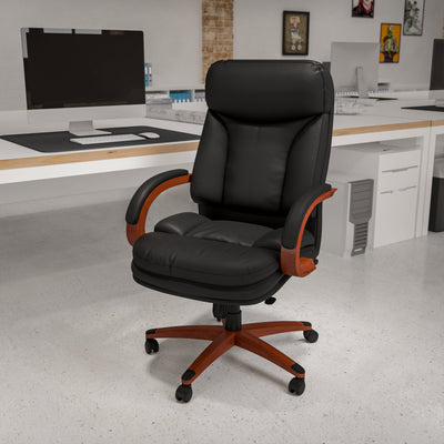 High Back LeatherSoft Executive Swivel Ergonomic Office Chair with Synchro-Tilt Mechanism, Mahogany Wood Base and Arms