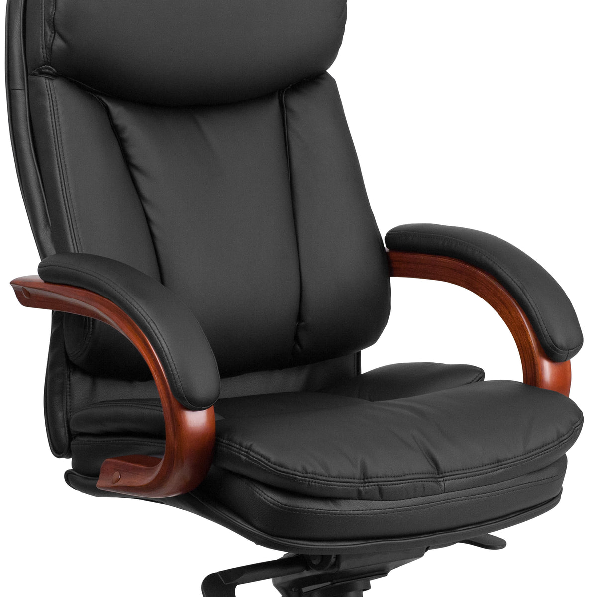 High Back Black LeatherSoft Chair w/Synchro-Tilt Mechanism, Mahogany Wood Base