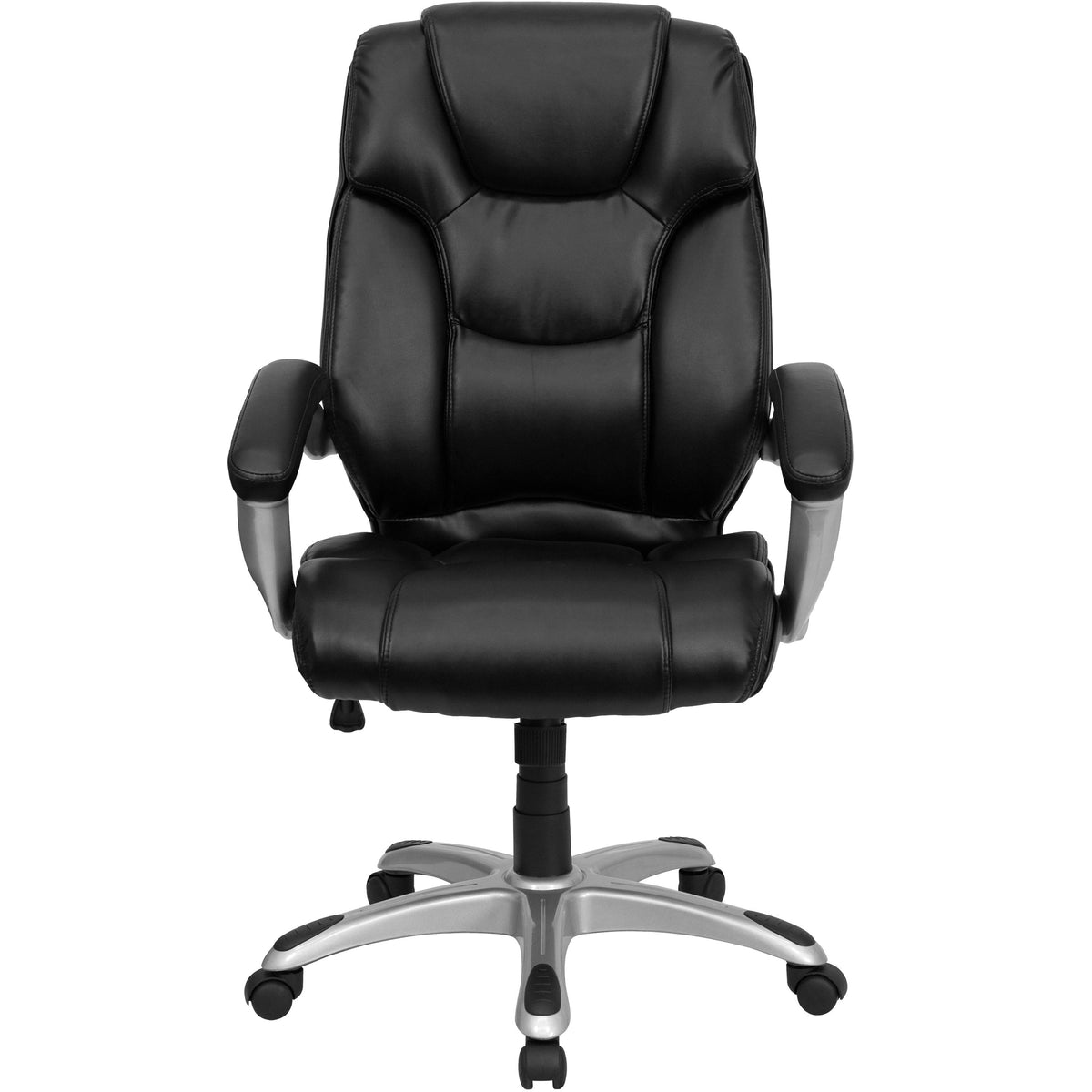 High Back Black LeatherSoft Layered Upholstered Office Chair w/Silver Nylon Base
