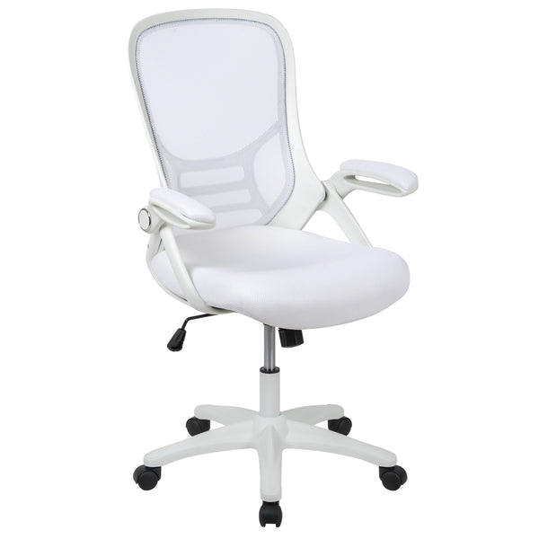 White |#| High Back White Mesh Ergonomic Office Chair with White Frame and Flip-up Arms