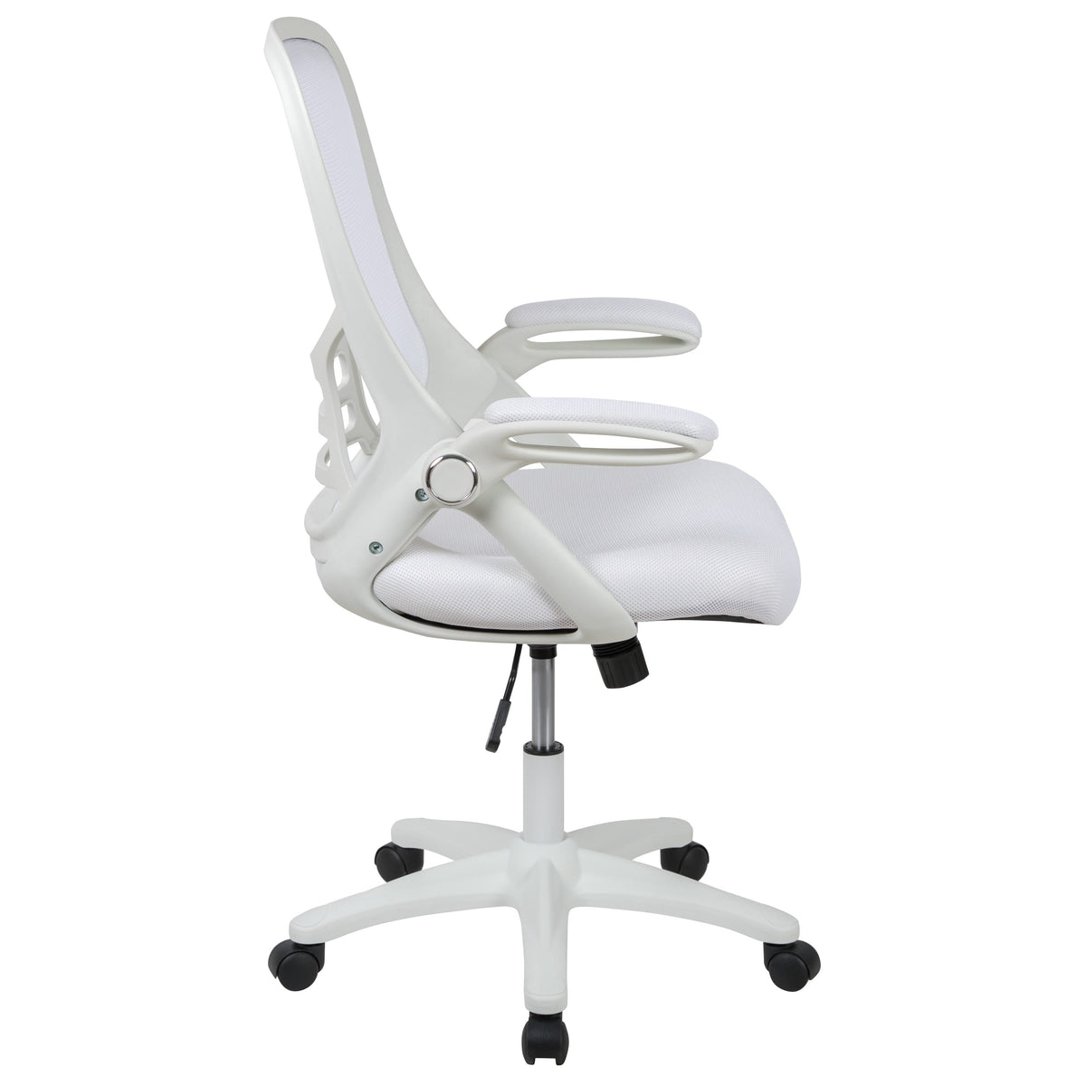 White |#| High Back White Mesh Ergonomic Office Chair with White Frame and Flip-up Arms